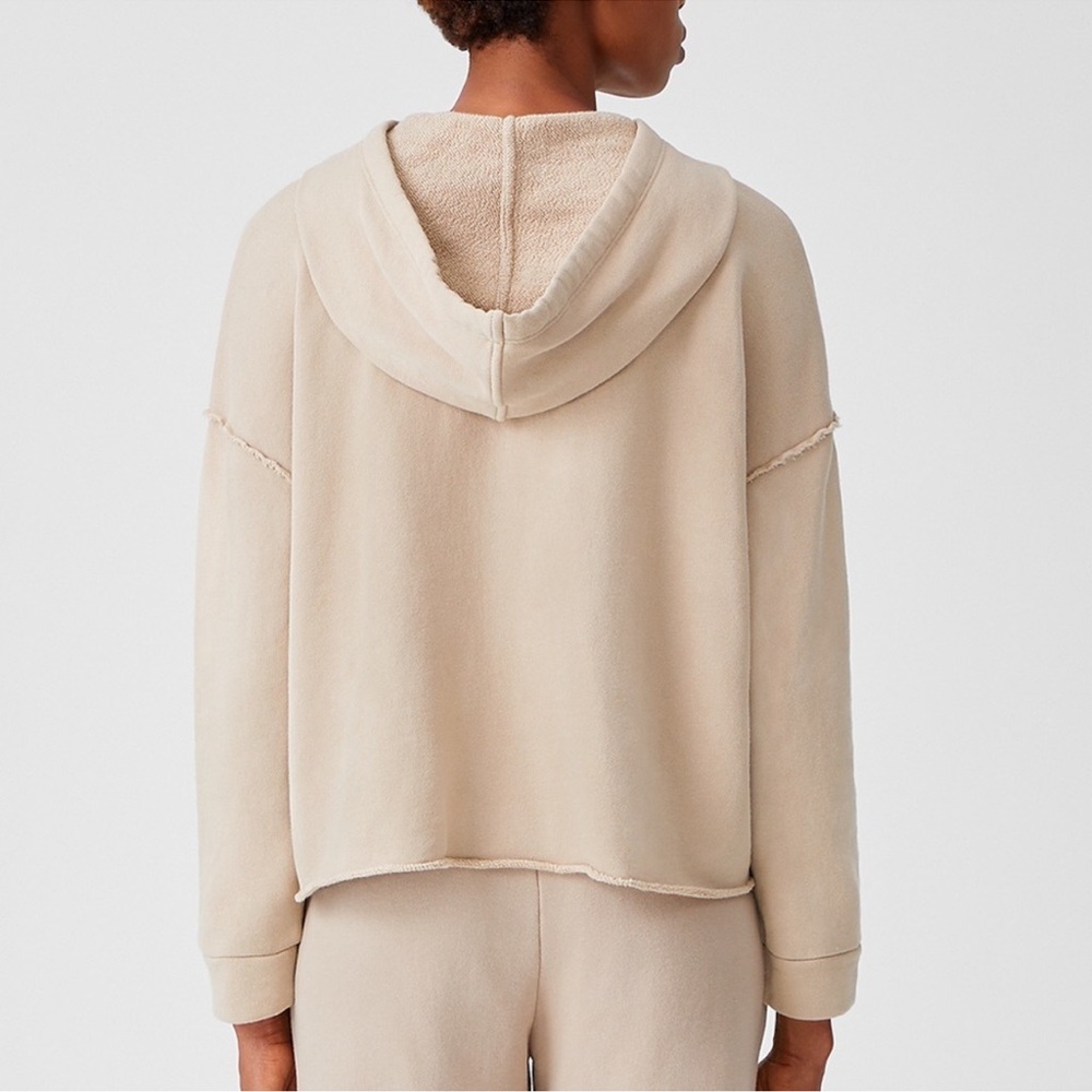 Eileen Fisher Organic Cotton Cropped Khaki Tan Raw Hem Lounge Hoodie Sweatshirt - Picture 4 of 10